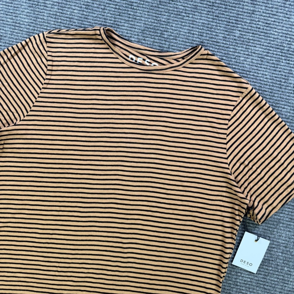 NEW DESO Loon Stripe Tee Men XL Tan Black Organic Cotton USA Made Casual Comfort
